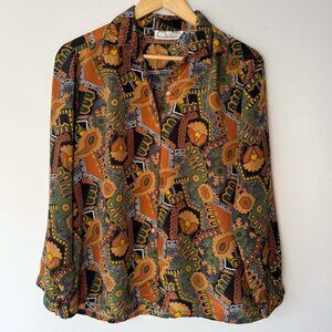 80s vintage green geometric abstract print funky collared button up blouse shirt